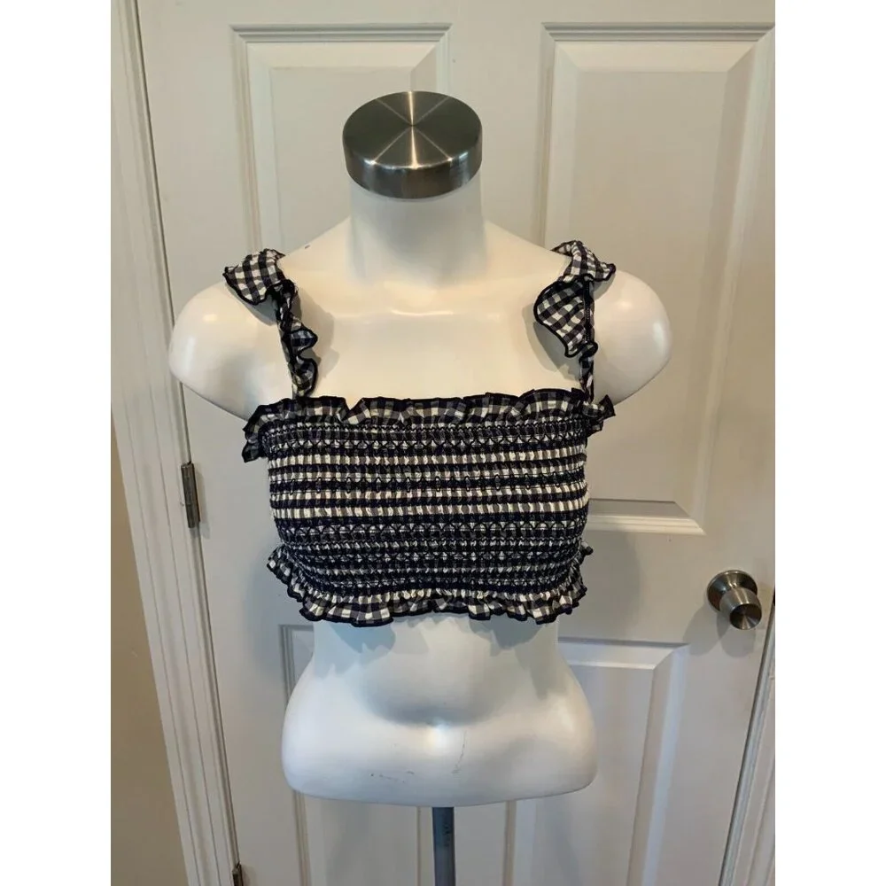 Tory Burch Blue & White Gingham Plaid Smocked Ruffle Cropped Top, Size M